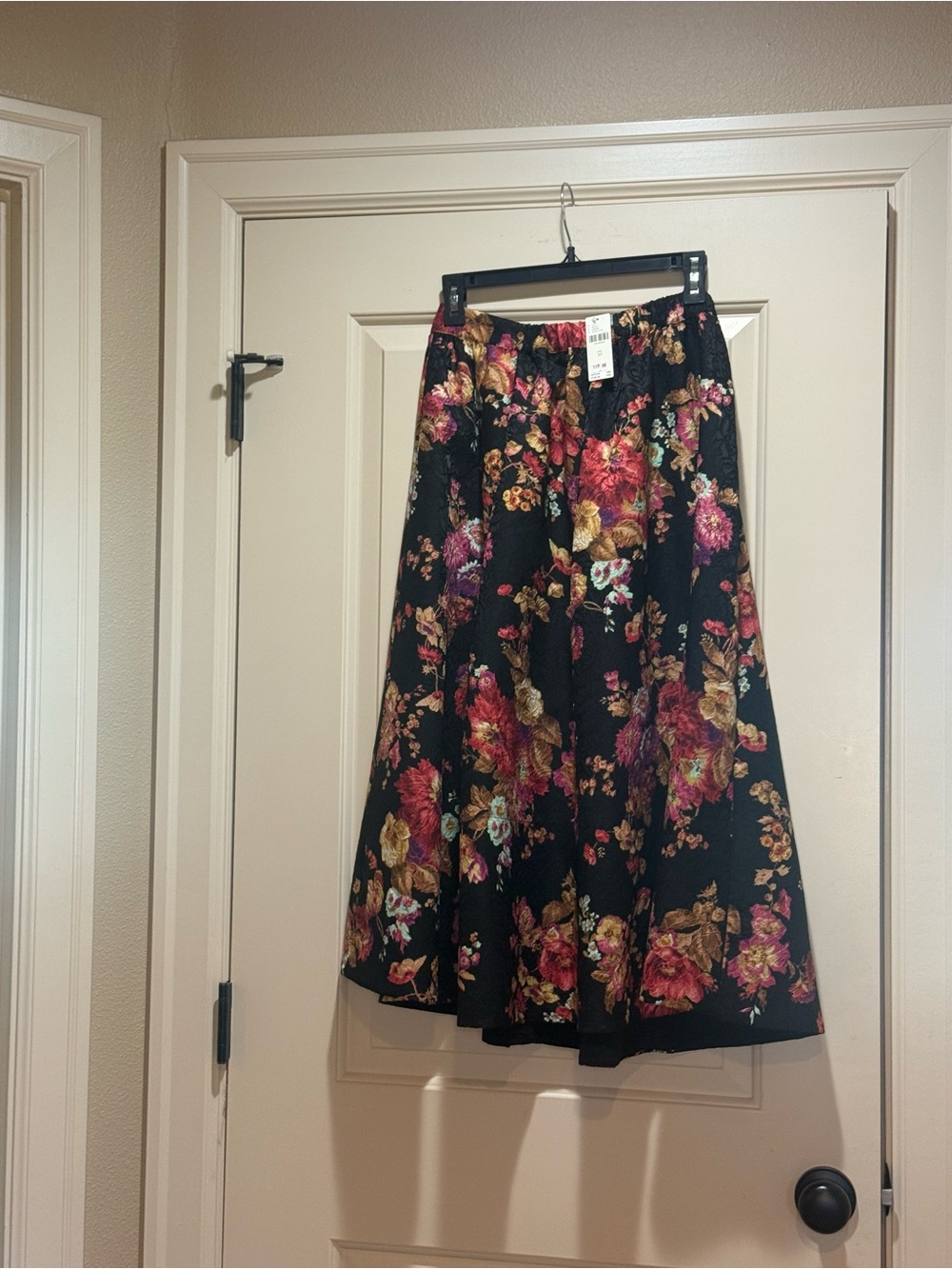 Maeve Black A-Line Midi Skirt with Rose and Gold Floral Print